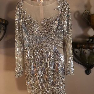 TERANI COUTURE silver sequin cocktail dress
